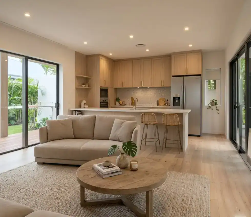 Open-concept living room and kitchen with light wood cabinets, island, and sliding glass doors to a garden outside.