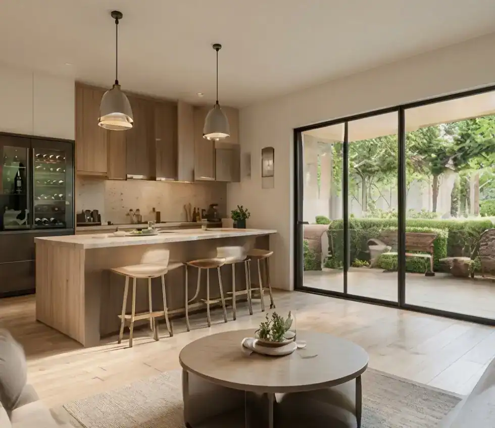 Open-concept kitchen with a light wood island, four wooden stools, pendant lights, and a sliding glass door to a green backyard patio area left.