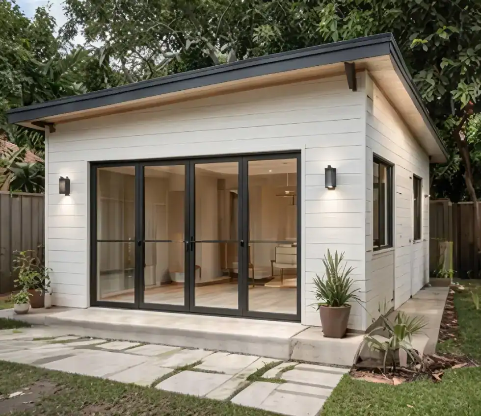 White modern backyard studio with large black-framed glass sliding doors, exterior lights, and potted plants.